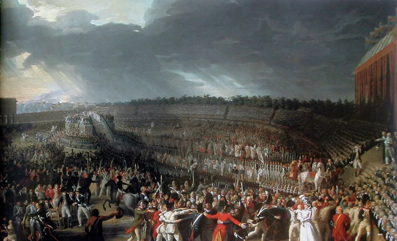 *La Fête de la Fédération*, le 14 juillet 1790 au Champ-de-Mars, peinte par Charles Thévenin. Le tableau date de 1796 : c’est une reconstitution, peinte six ans après l’événement, qui montre l’immense amphithéâtre de terre et l’autel de la patrie au centre.