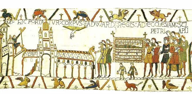 Le corps d’Édouard le Confesseur est porté vers l’église Saint-Pierre de Westminster, que la main de Dieu bénit au-dessus du toit (Tapisserie de Bayeux, scène 26).