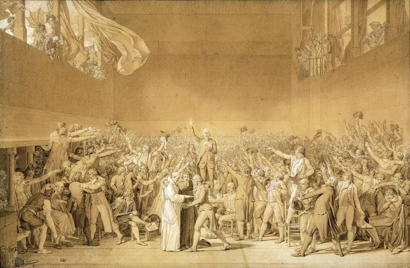 *Le Serment du Jeu de paume*, grand dessin préparatoire de Jacques-Louis David pour un tableau resté inachevé. Le peintre n’assistait pas à la scène : c’est une composition idéalisée, faite deux ans plus tard, qui met en scène l’unité de la nation autour de Bailly, debout sur la table.